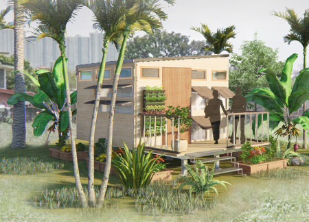 Compact urban dwelling featuring bamboo composite structure and solar glass integration