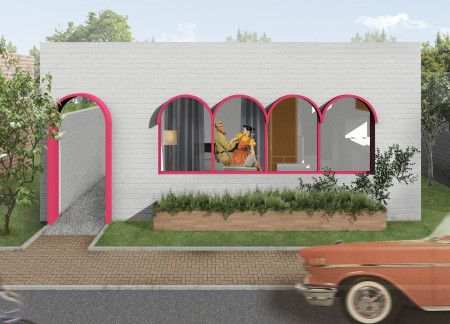 Colorful Façade of Glass and Brick Combined with Flexible Living Spaces in a Sustainable Urban Home