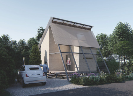 Charred Wooden Shingles and Polycarbonate Roofs in a Compact Sustainable Dwelling