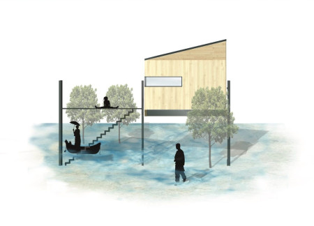 Elevated Bamboo Structure Designed For Flood Resilience With Solar Glass Integration  