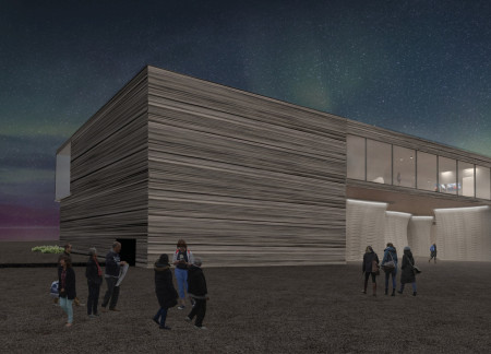Museum featuring a volcanic crater roof and stone veneer façade in a geothermal landscape.
