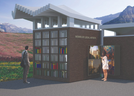 Modular Library Structure Featuring Aluminum Roof and Rotatable Book Boxes