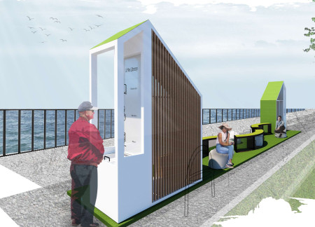 Curved Seating And Green Roofs In A Community Space Crafted From Plywood And Stainless Steel  