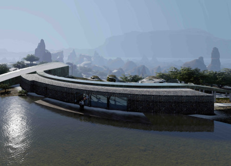 Sculptural Structure Featuring Volcanic Stone and Timber Integration in a Visitor Center Setting
