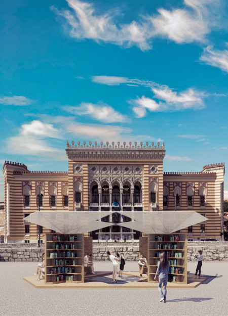 Community Reading Pavilions Featuring Laminated Timber and Perforated Metal Canopies in Sarajevo