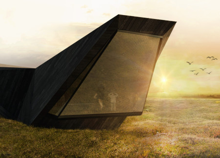 Charred Wooden Shingles and Glazed Triangular Forms Shaping a Cultural Center in the Icelandic Landscape