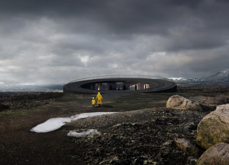 Circular Community Space Crafted from Natural Stone and Concrete in Volcanic Landscape