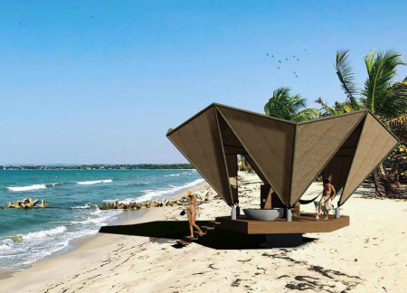 Charming Coastal Retreat Wrapped in Natural Textiles and Surrounded by a Canopy of Light