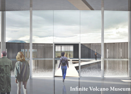 Reflective Volcanic Form Integrated With Reinforced Concrete and Local Wood Elements In An Educational Space
