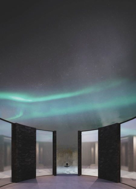 Engaging with Northern Lights Through Charred Wooden Shingles and Rock Walls in a Thermal Retreat