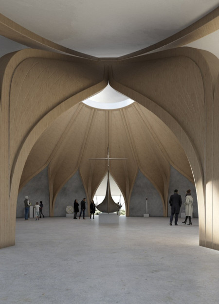 Curvilinear Structure Crafted from Local Timber and Geothermal Insulation Embracing Volcanic Landscapes