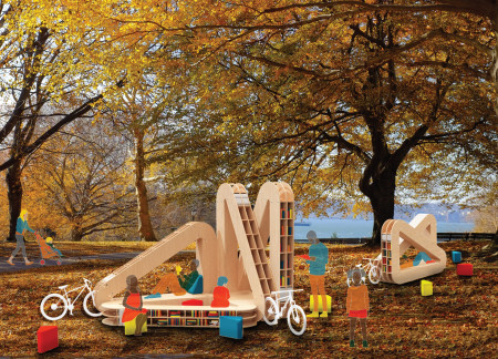 Triangular Community Hub Crafted from Sustainable Plywood with Modular Configurations