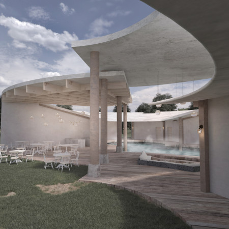 Curvilinear Concrete and Natural Stone Retreat Enveloped by Geothermal Springs  