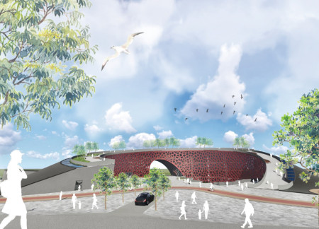 Educational facility integrating basalt stone and natural wood in a volcanic landscape