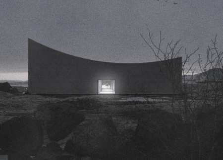 Community hub featuring concrete and large glass facades harmonizing with volcanic landscapes  