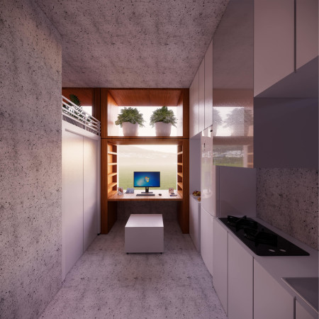 Floating Bed and Natural Lighting Enhance Compact Living Using Concrete and Wood Elements
