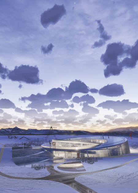 Museum focusing on volcanic education with a circular design incorporating reflective water features and charred wooden shingles