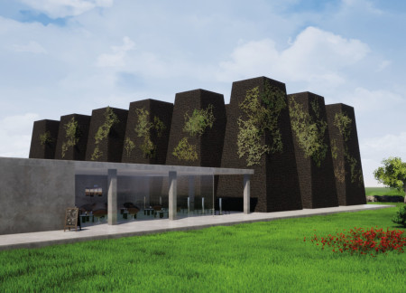 Public Exhibition Space Featuring Volcanic Rock and Elevated Geometric Forms in a Natural Landscape