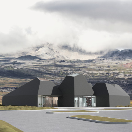 Art exhibition space showcasing natural light integration through black pigmented concrete and warm timber accents  