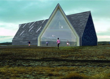 Museum focused on Volcanology Featuring Basin Stone Shingles and Polished Concrete Integration
