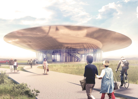 Geothermal Gallery Featuring Circular Glass Facades and Sustainable Wood Textures  