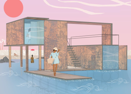 Residential retreat featuring Cor-Ten steel and phenolic plywood integration for sustainable living by the coastline
