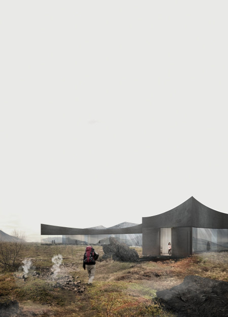 Curvilinear Design Featuring Hydrophobic Concrete and Mirrored Glazing in a Volcanic Landscape Museum  