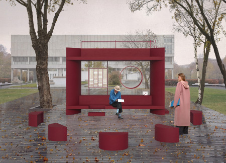 Crimson Pavilion Crafted with Plywood and Steel for Dynamic Community Engagement  