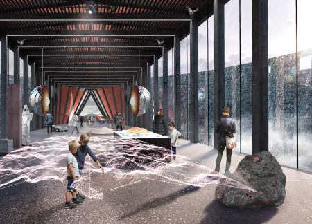 Subterranean Structure Featuring Turf and Concrete Amid Volcanic Terrain  