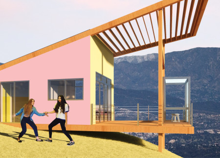 Charming Pink And Yellow Shelter Constructed With Sustainable Wood And Glass For Community Engagement