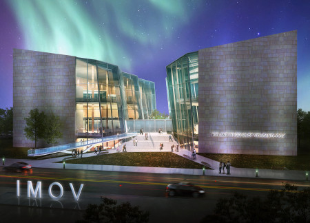 Volcanology museum featuring red rhyolite and sustainable glass design harmonizing with Iceland’s landscape