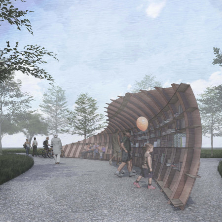 Curved Plywood Canopy Emphasizing Natural Timber Integration for Community Reading Space