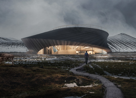 Charred Wooden Shingles and Curvilinear Roof Forming a Geological Visitor Center  