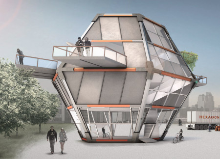 Hexagonal Modular Units Featuring Prefabricated Alloy Panels Nestled in Urban Green Spaces  