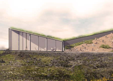 Visitor center showcasing precast concrete and natural wood integration within a volcanic landscape