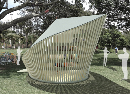 Sailcloth Roof and Timber Cladding Create a Serene Community Reading Space  
