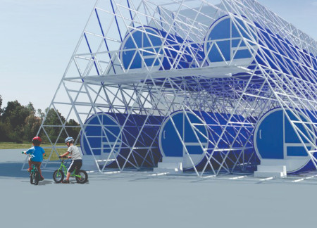 Cylindrical Iron Framework With Natural Light and Adaptive Spaces