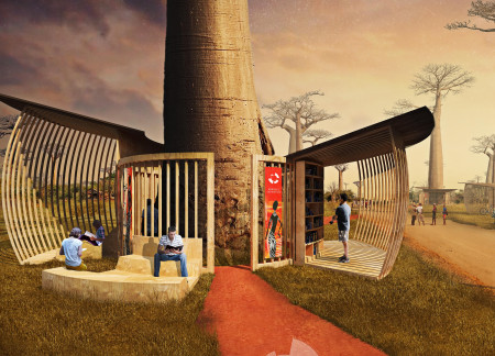 Modular Reading Space Enveloped in Natural Clay and Straw Canopy For Community Engagement