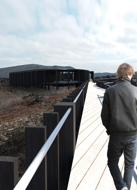 Charred Wooden Shingles and Geothermal Features Enhance Visitor Experience in Icelandic Landscape  