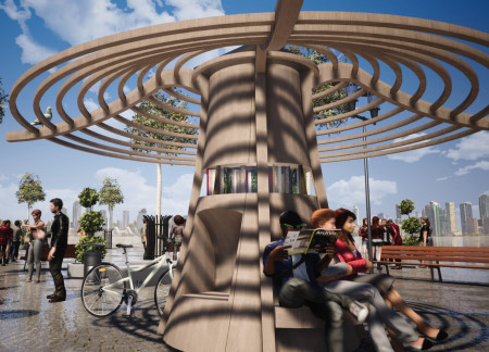 Rotating Library Enclosed in Cross-Laminated Timber Panels Within an Urban Canopy