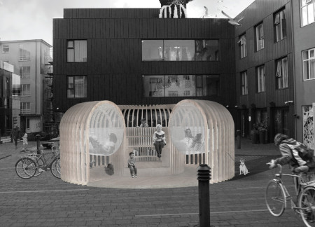Curvilinear Space Crafted From Plywood and Netting for Community Reading Experience