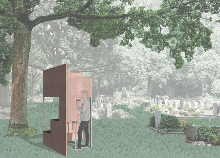 Portable Space Crafted From Recycled Metal and Mesh Fabric for Reflection in Cemetery Settings