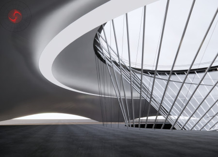 Holographic Experience Encased in Organic Concrete and Glass Blending with Volcanic Landscape  