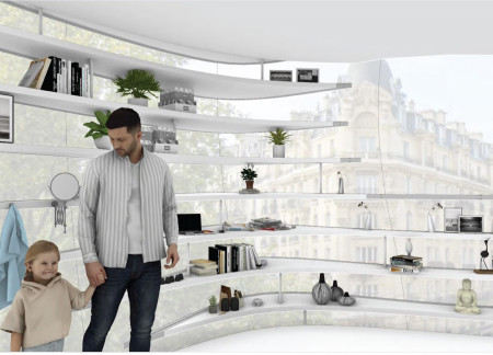 Spiral Core Structure Wrapped in Transparent Glass and Lightweight Materials for Flexible Urban Living  