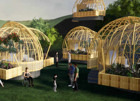 Bamboo Framework with Green Roofs Supporting Modular Urban Living