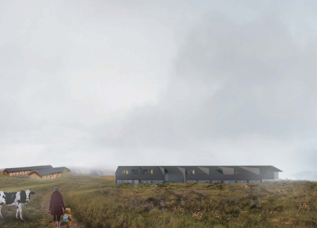 Turf-Embedded Retreat Utilizing Basalt and Timber for Sustainable Hospitality