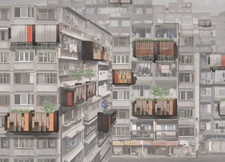 Cantilevered Living Units Enhanced With Polycarbonate Sheathing and Natural Stone Integration