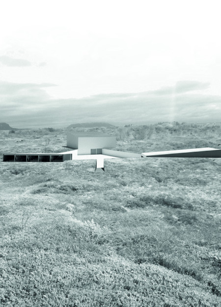 Cubical Design Merging Semi-Buried Concrete and Natural Wood Elements for a Volcanic Landscape Museum