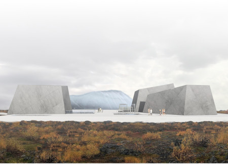 Monolithic Concrete Form Emulating Volcanic Rock for a Geological Learning Center