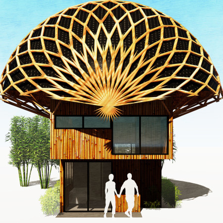 Compact home featuring a curvilinear roof and sustainable bamboo construction